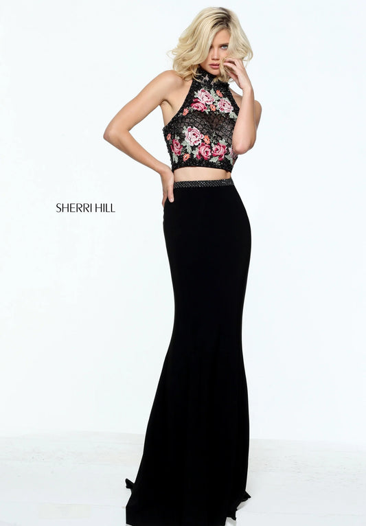 Sherri Hill Black Floral 2pc Prom Dress 51059
